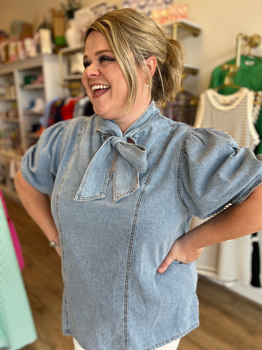 "Bows and Blue Jeans" Curvy Denim Bow Neck Blouse
