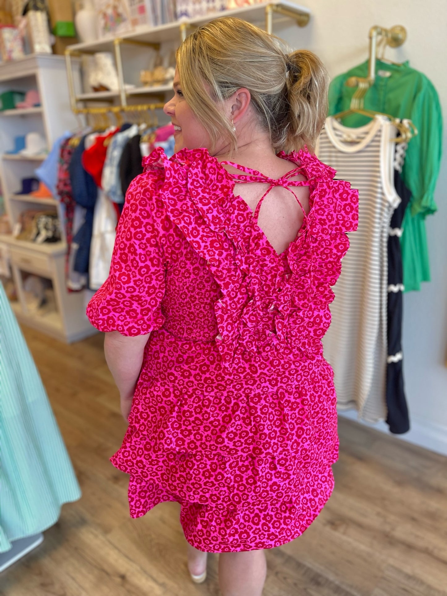 "Dainty Daffodils" Red & Pink Smocked Ruffle Dress