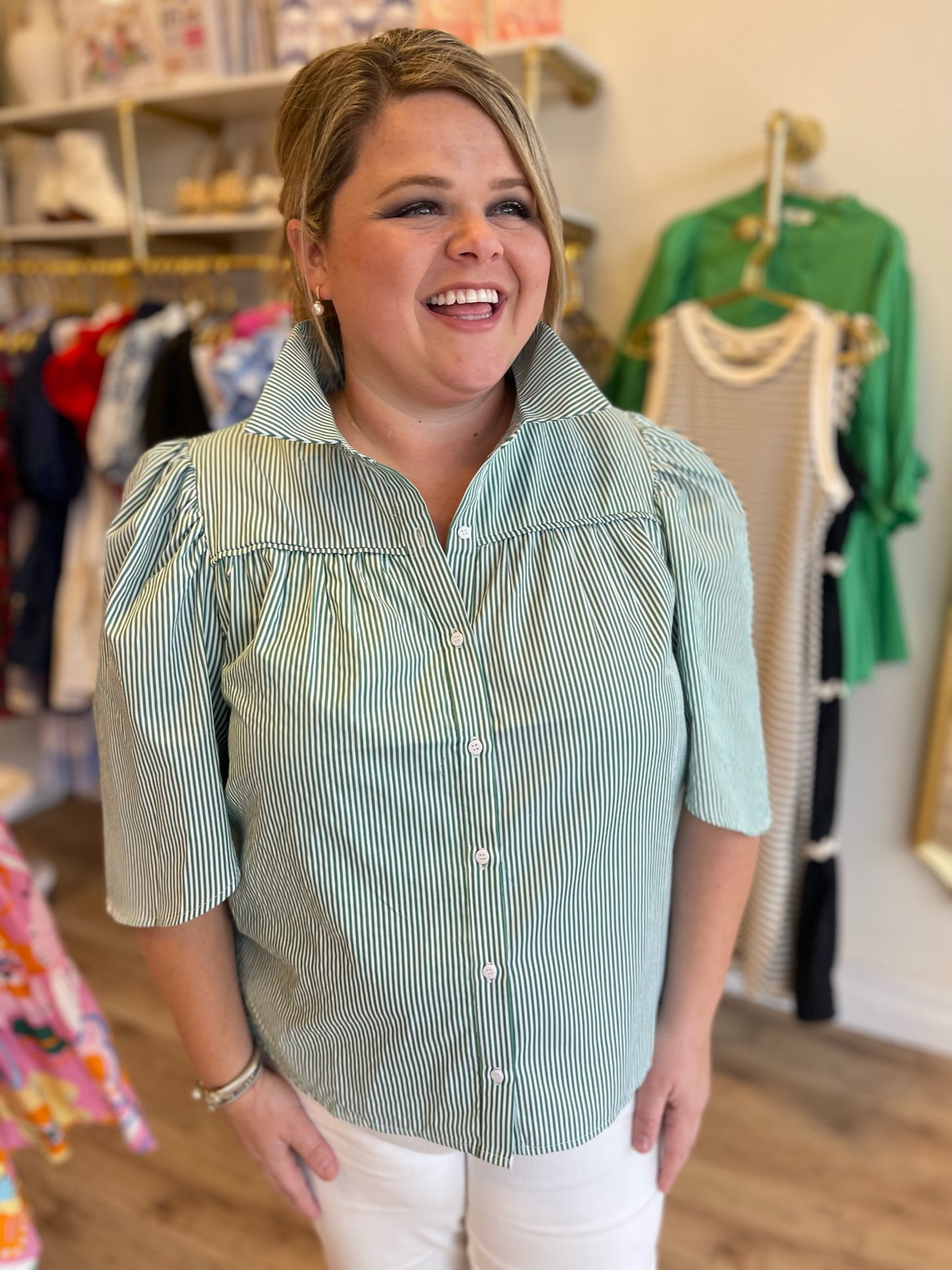 "Serene in Green" Green Striped Collared Top