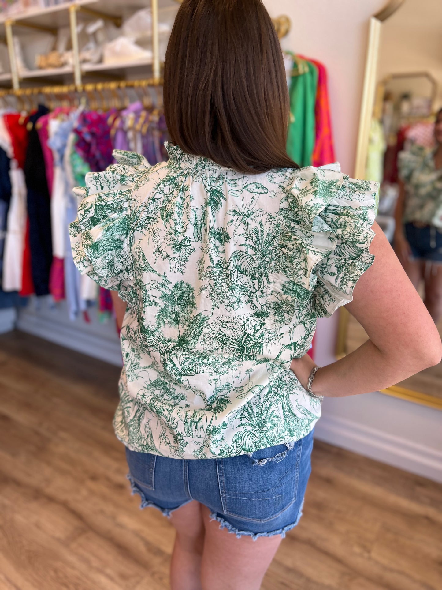 “A Moment in Time” Green Toile Flutter Sleeve Top