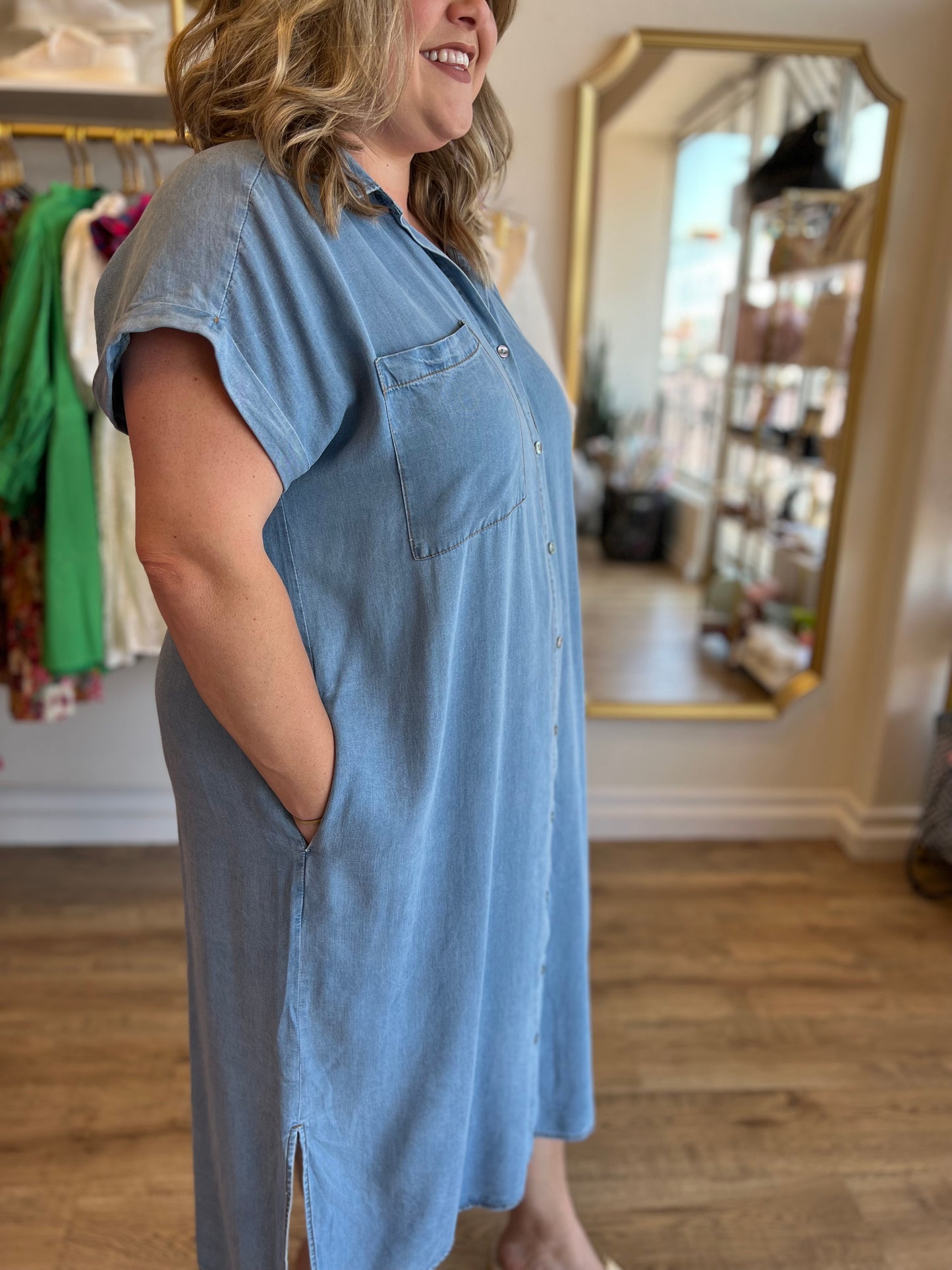 "Dog Days of Summer" Curvy Denim Button Up Dress