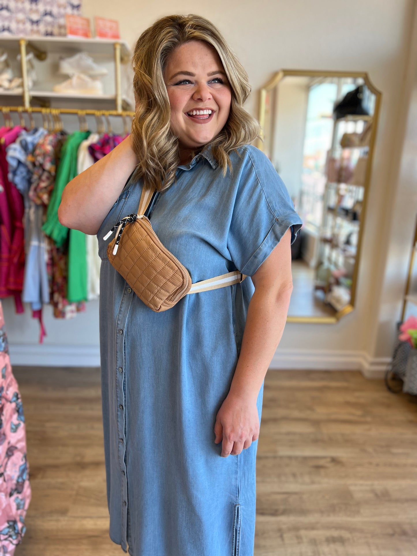 "Dog Days of Summer" Curvy Denim Button Up Dress