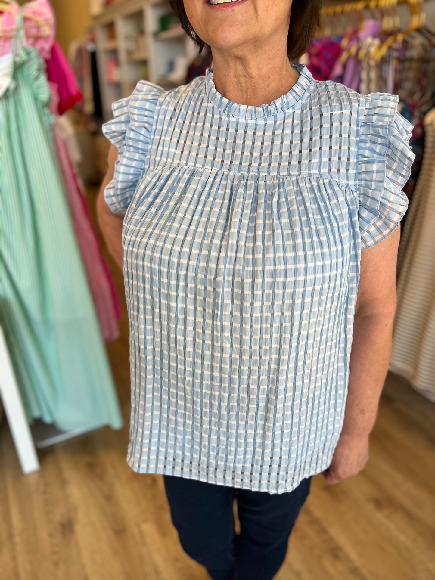 "Somewhere Beyond the Sea" Plus-Size Light Blue Seersucker Top