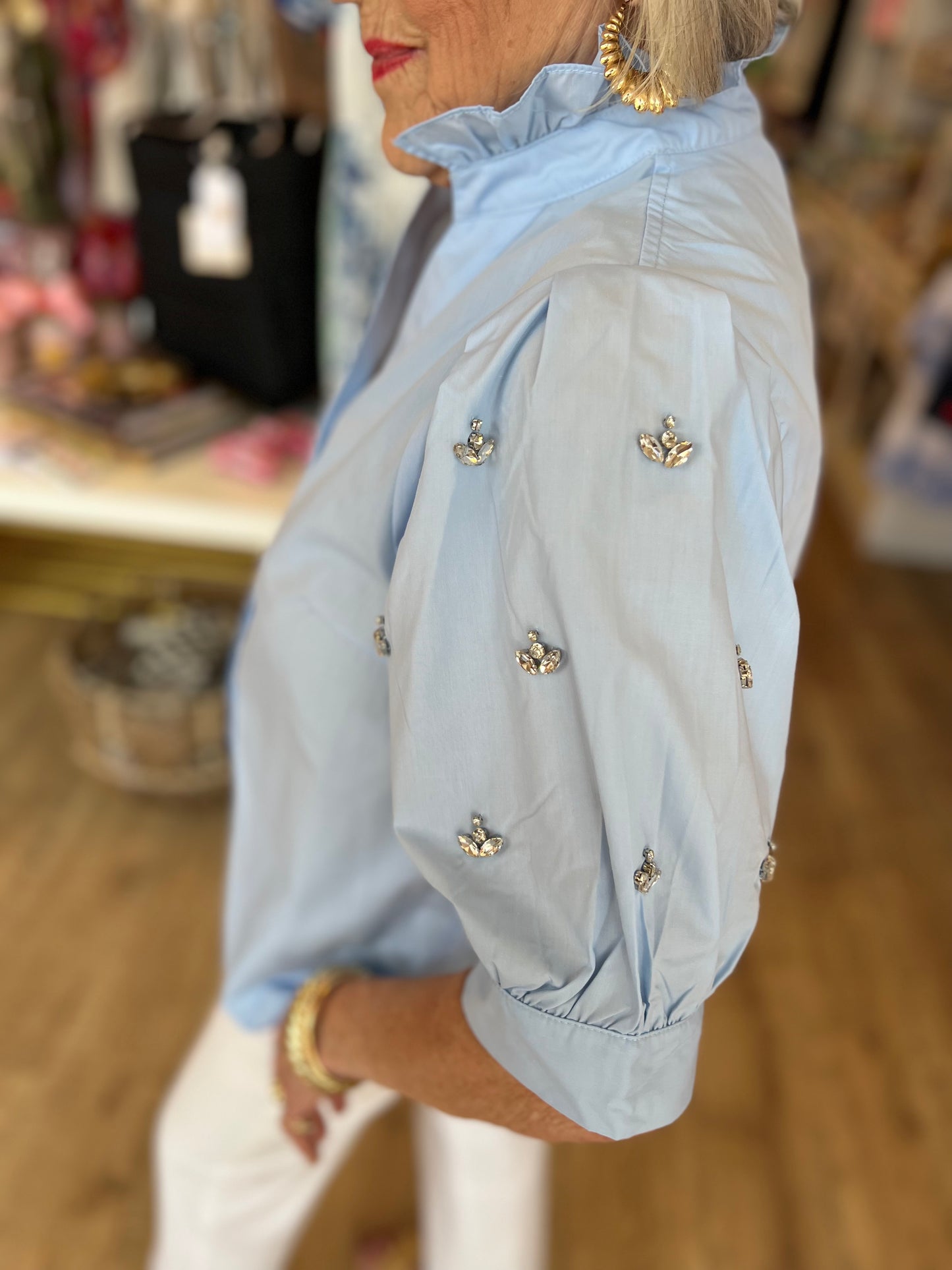 "Like a Diamond" Light Blue Jewel Sleeve Blouse