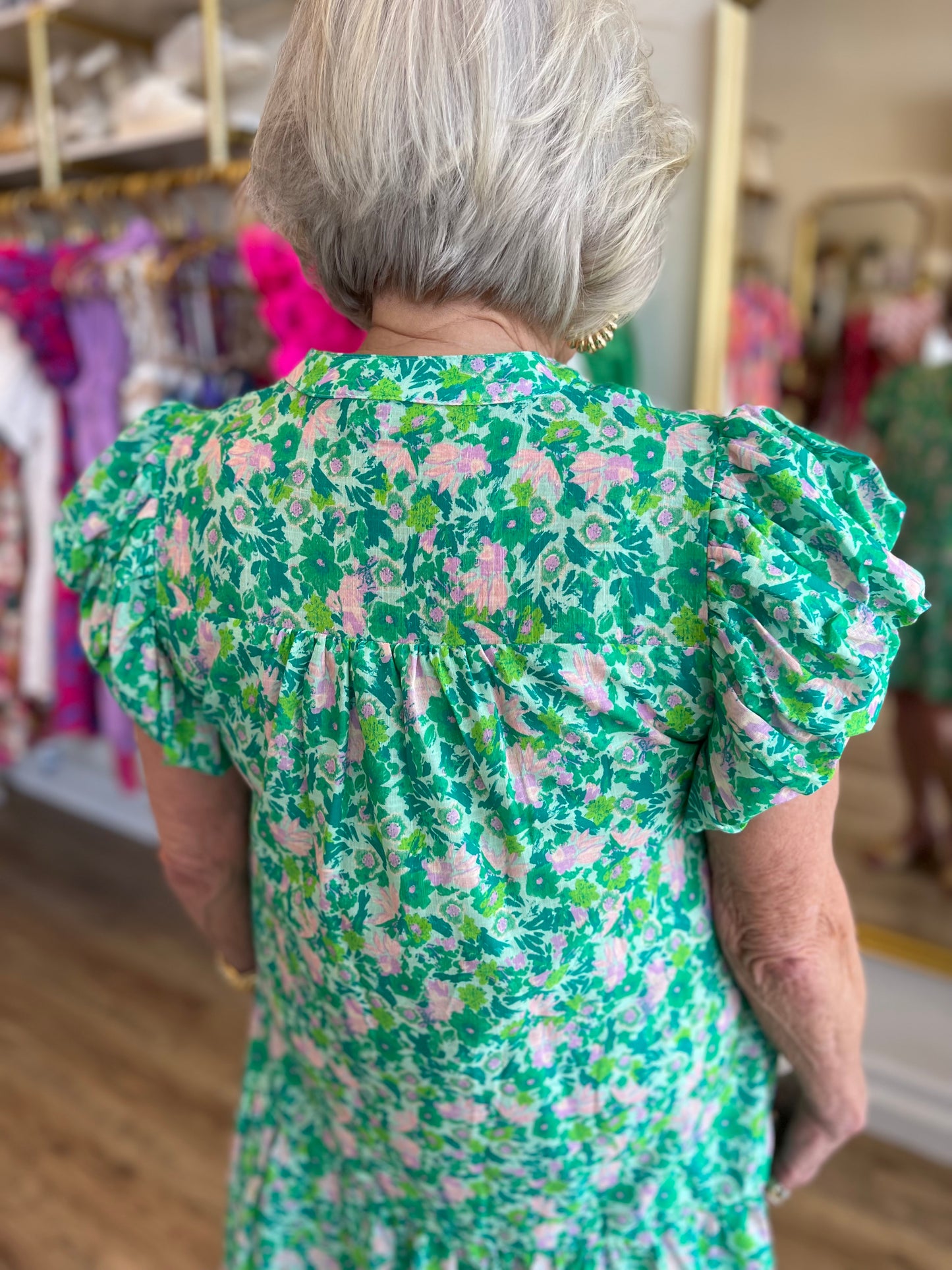 "Where Flowers Bloom" Floral Green Bubble Sleeve Dress