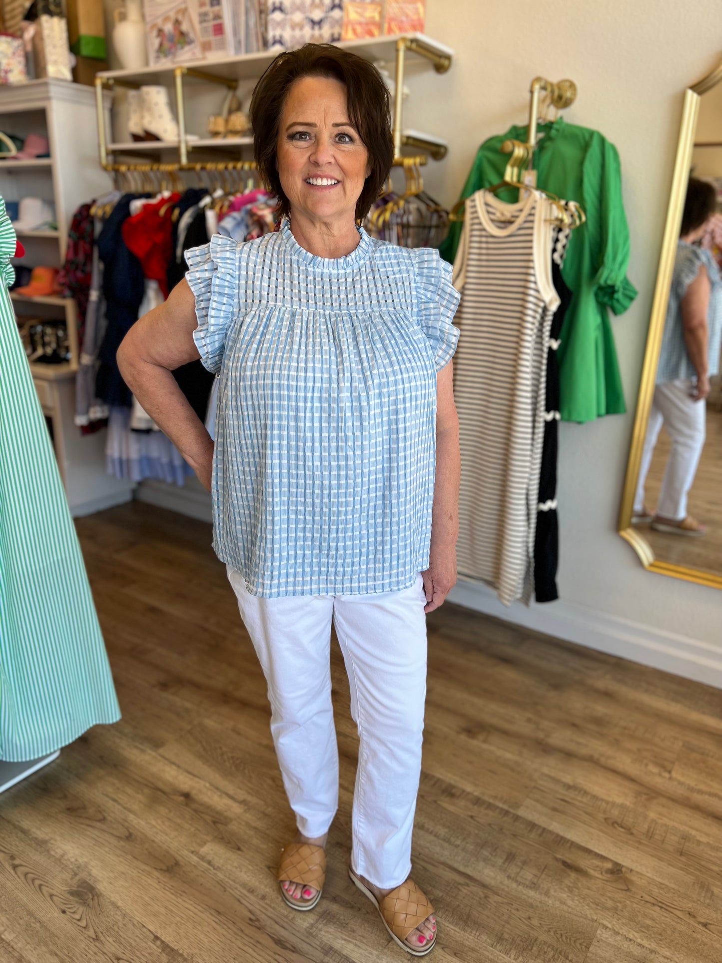 "Somewhere Beyond the Sea" Plus-Size Light Blue Seersucker Top