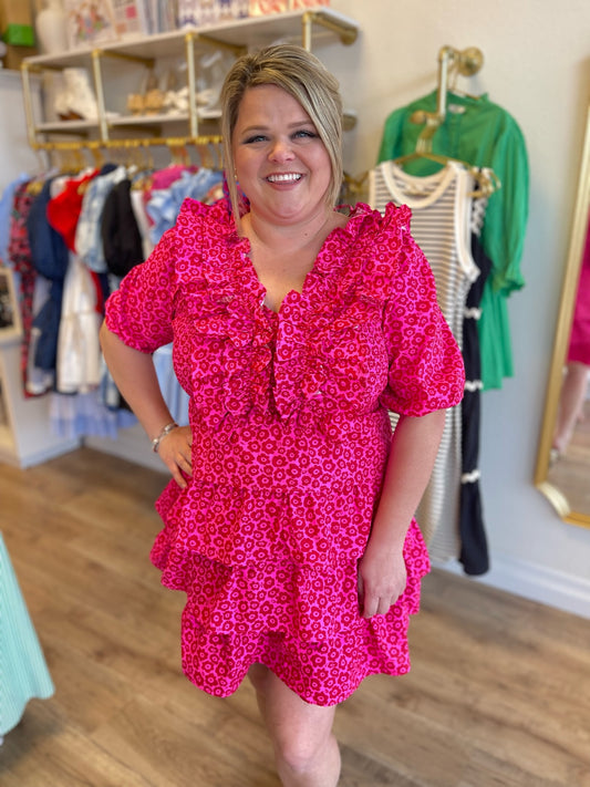 "Dainty Daffodils" Red & Pink Smocked Ruffle Dress