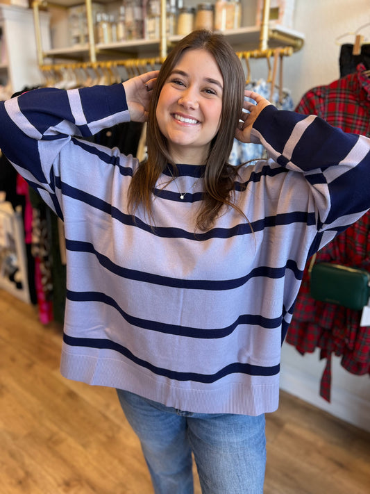 “Snuggle Me” Periwinkle Two-Tone Stripe Sweater