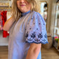 "Breezy in Blue" Curvy Lightweight Embroidered Pinstripe Top