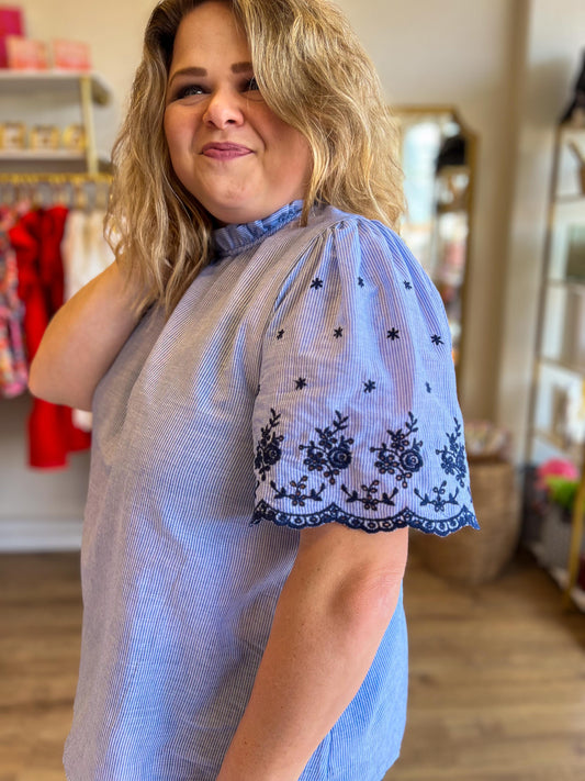 "Breezy in Blue" Curvy Lightweight Embroidered Pinstripe Top