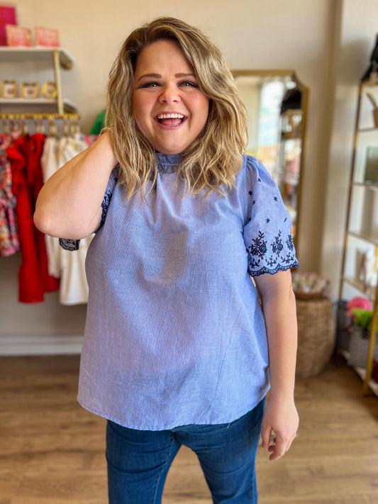 "Breezy in Blue" Curvy Lightweight Embroidered Pinstripe Top