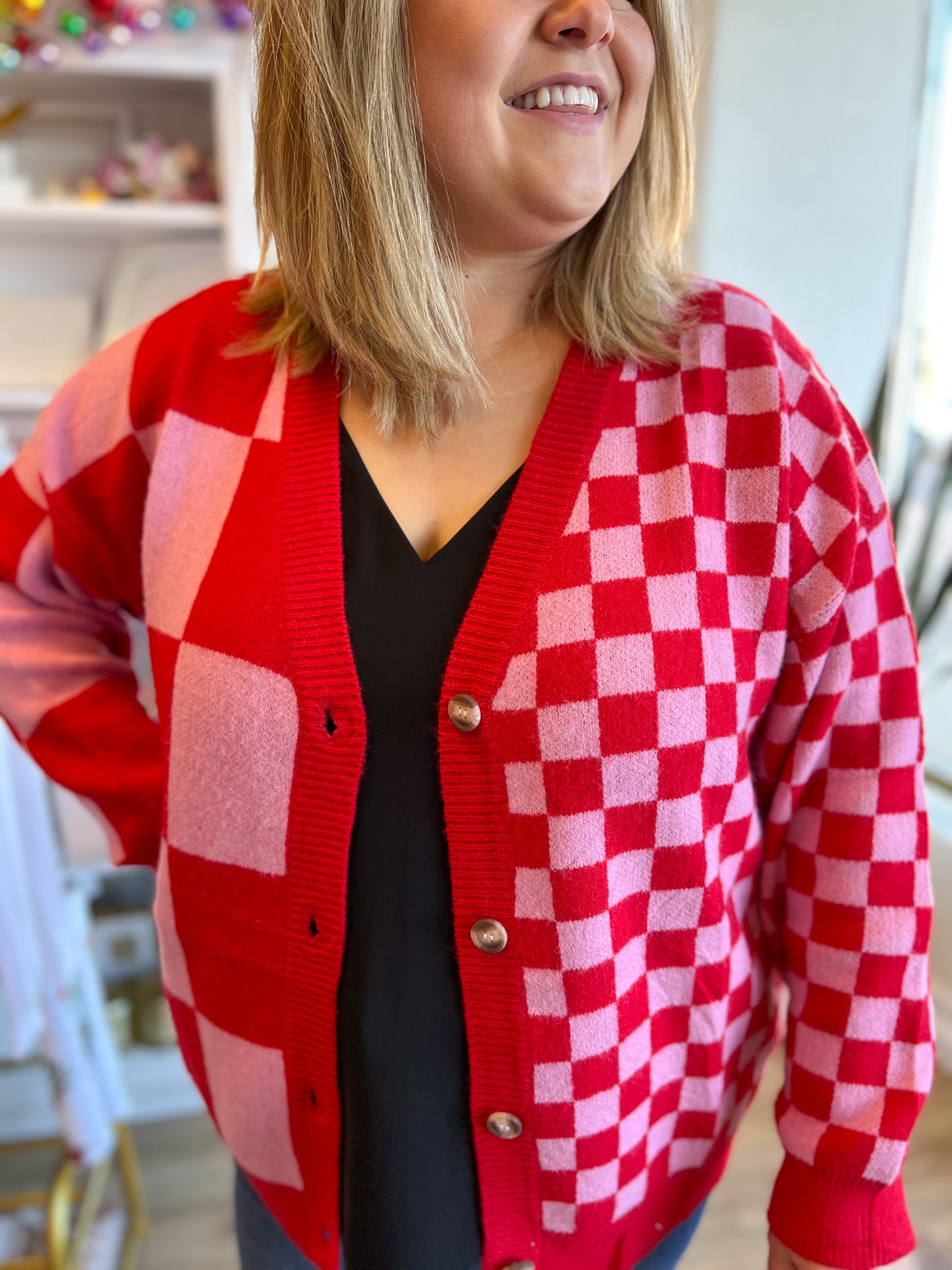 "Checkmate, Cupid" Pink & Red Checkered Sweater