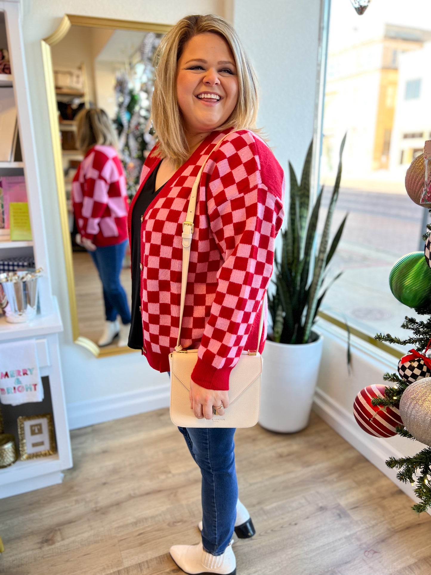 "Checkmate, Cupid" Pink & Red Checkered Sweater