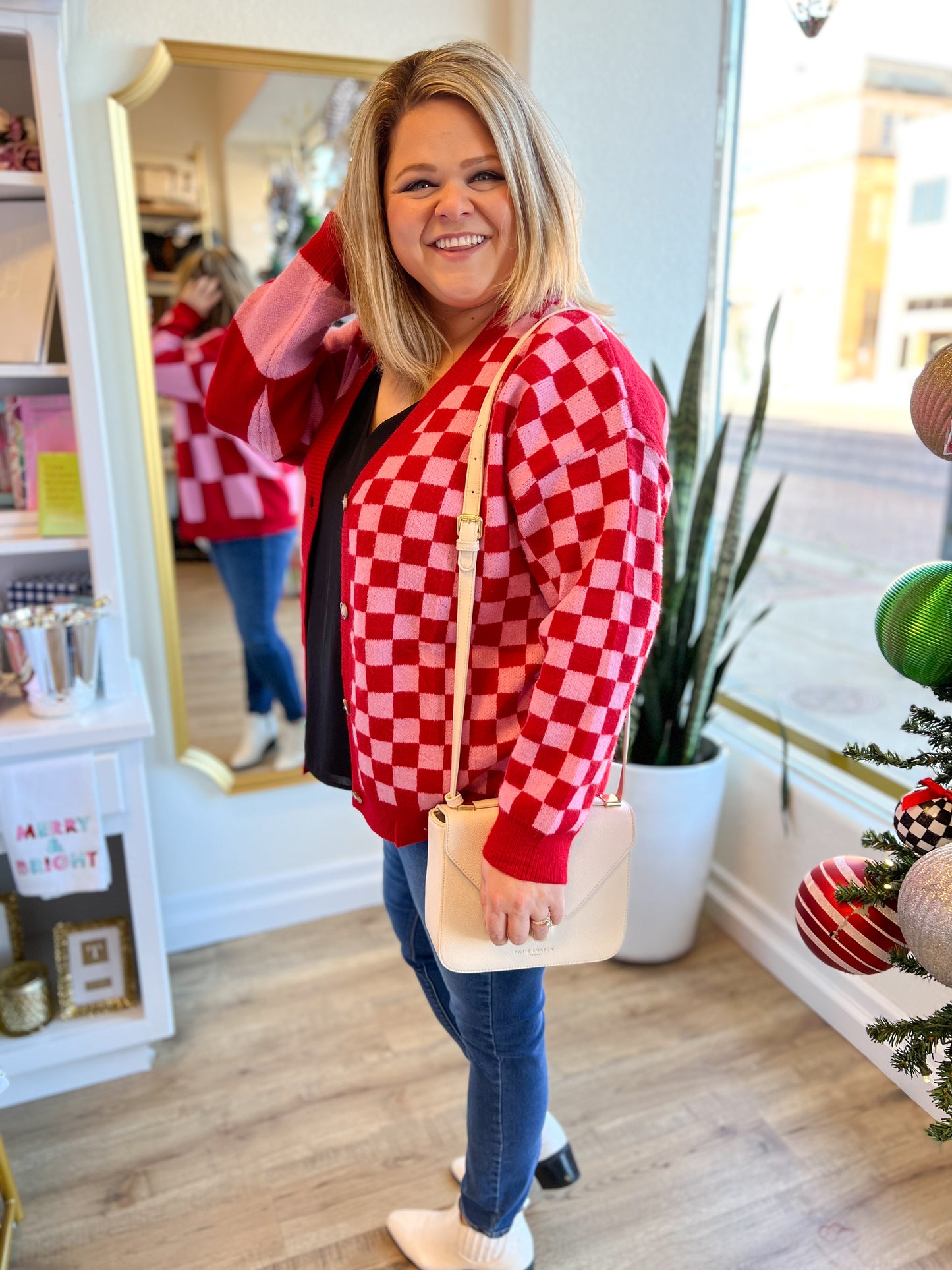 "Checkmate, Cupid" Pink & Red Checkered Sweater