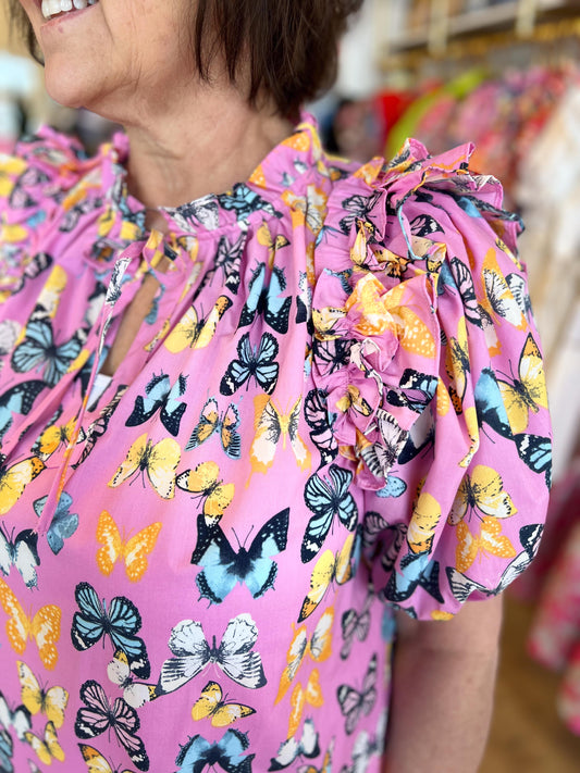 "Come Fly with Me" Pink Butterfly Blouse