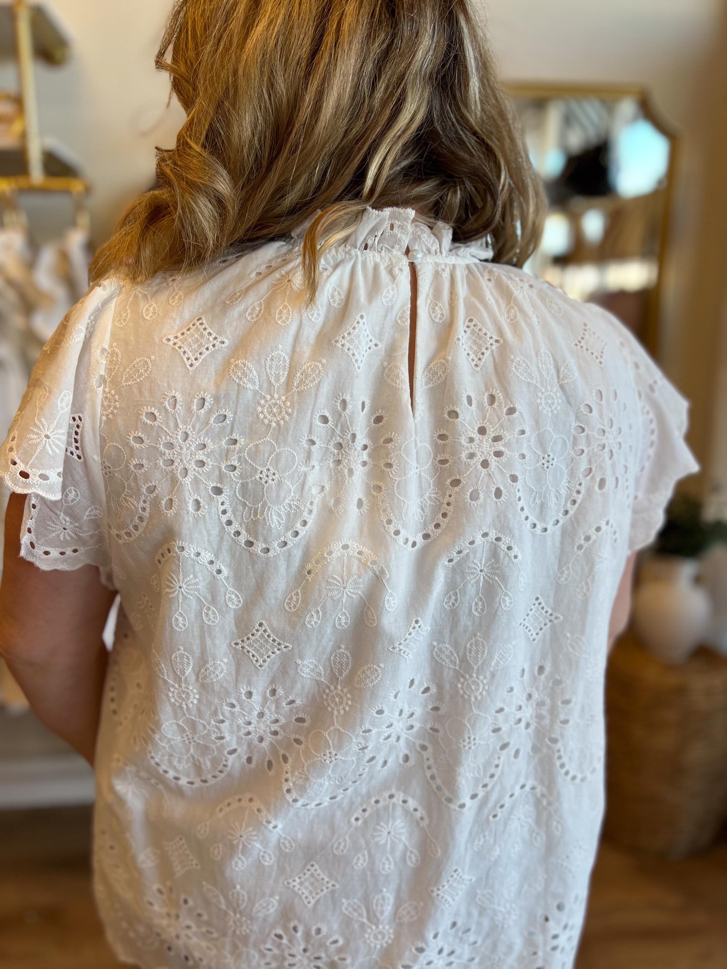 "Cover Me in Sunshine" White Eyelet Scalloped Blouse