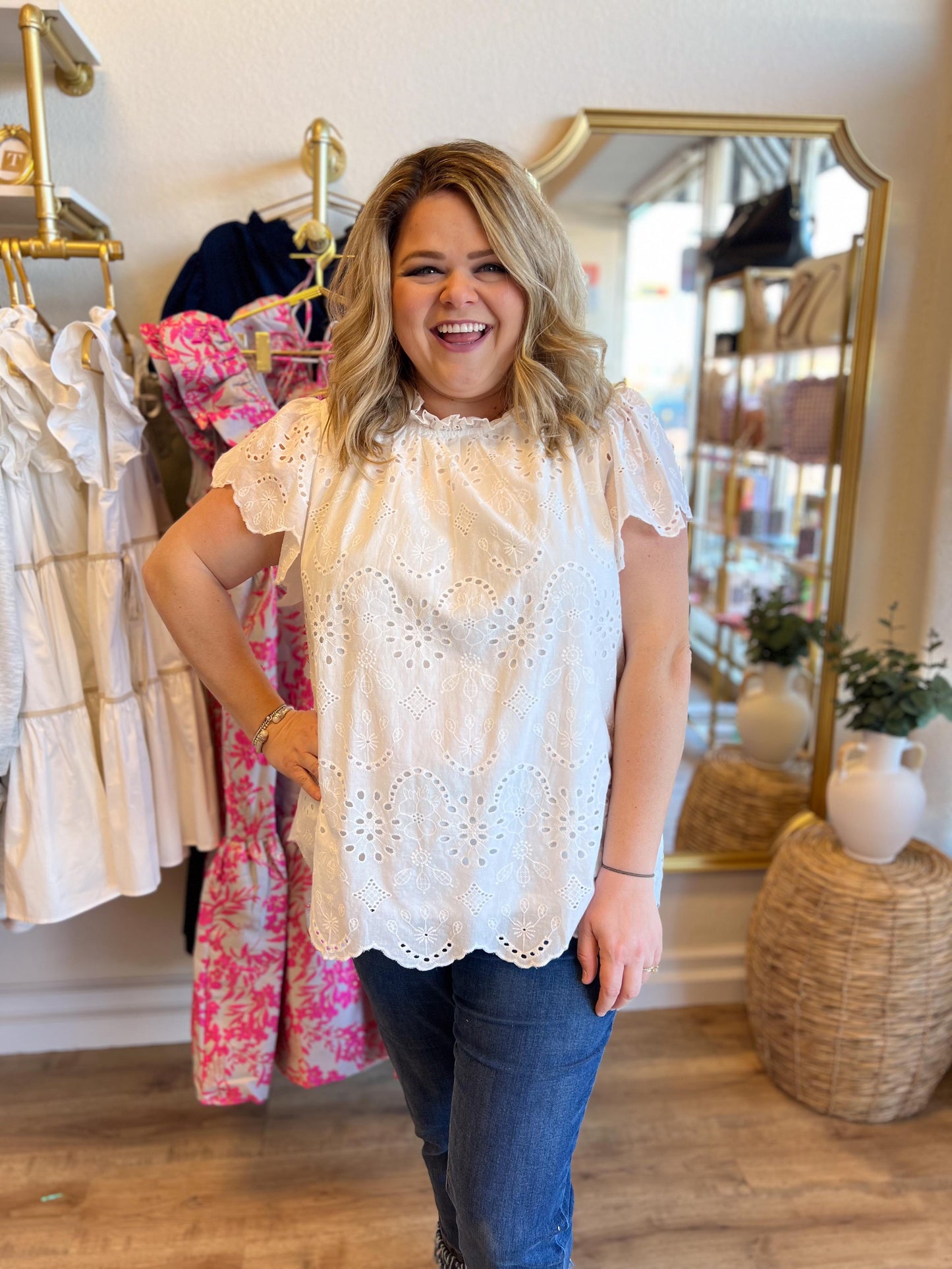 "Cover Me in Sunshine" White Eyelet Scalloped Blouse