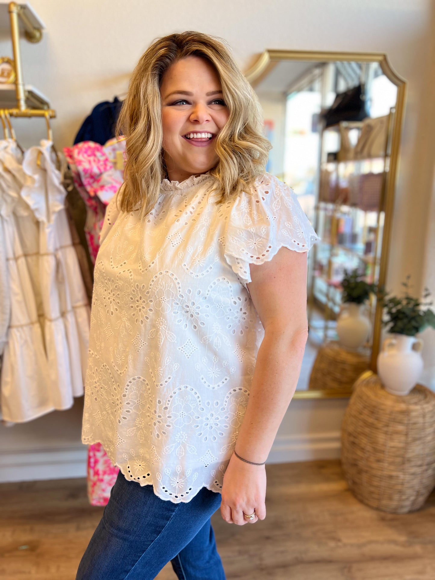 "Cover Me in Sunshine" White Eyelet Scalloped Blouse