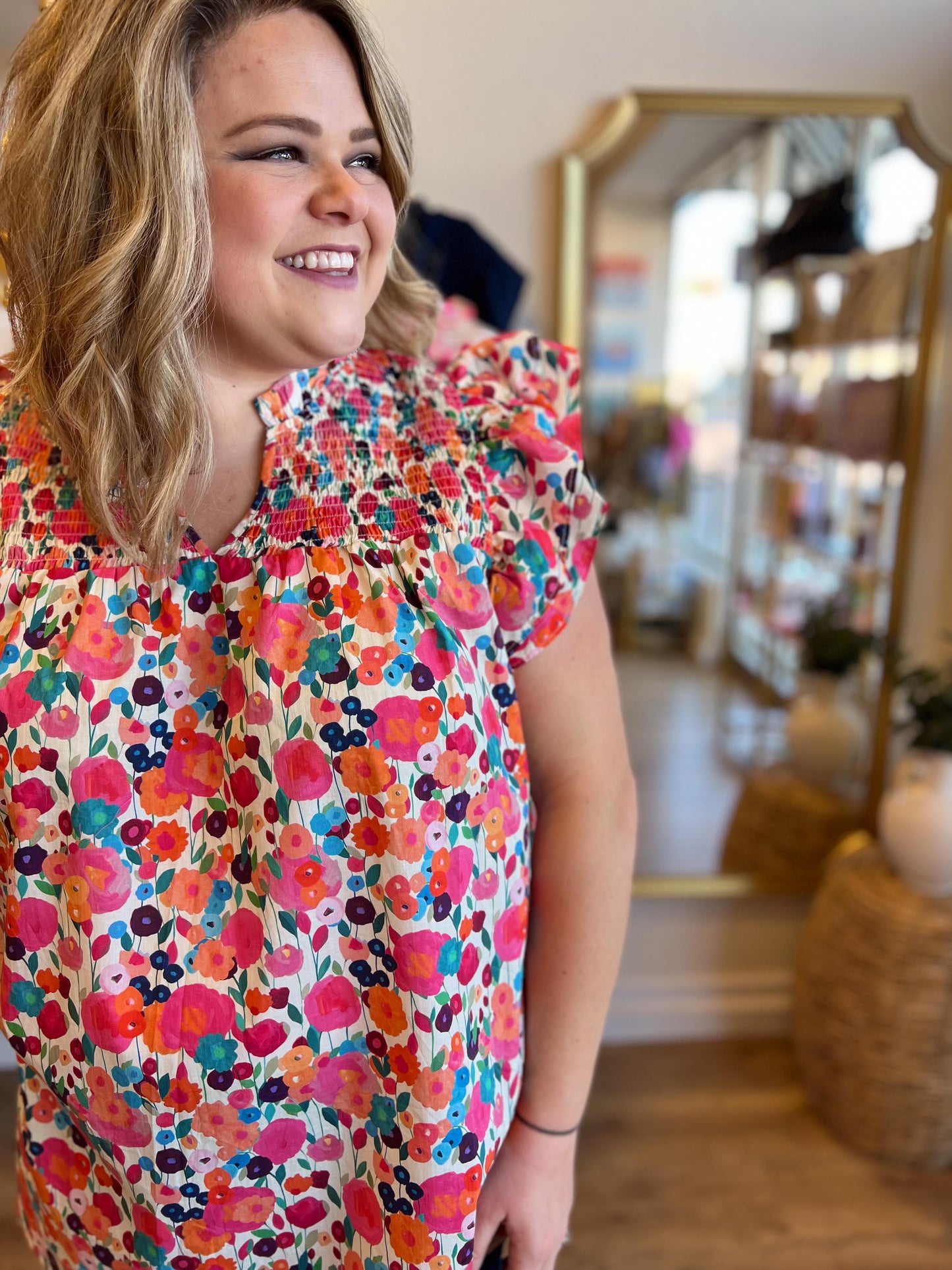 "Flirty Florals" Curvy Flutter Sleeve Top