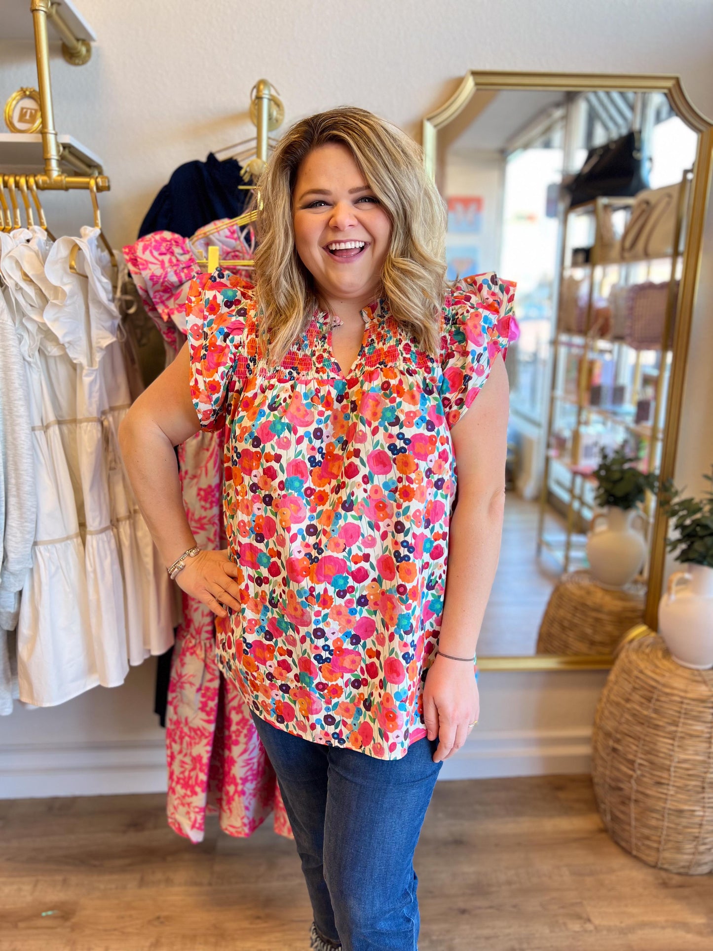 "Flirty Florals" Curvy Flutter Sleeve Top