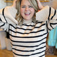 "Sassy in Stripes" Khaki Mock Neck Bell Sleeve Sweater