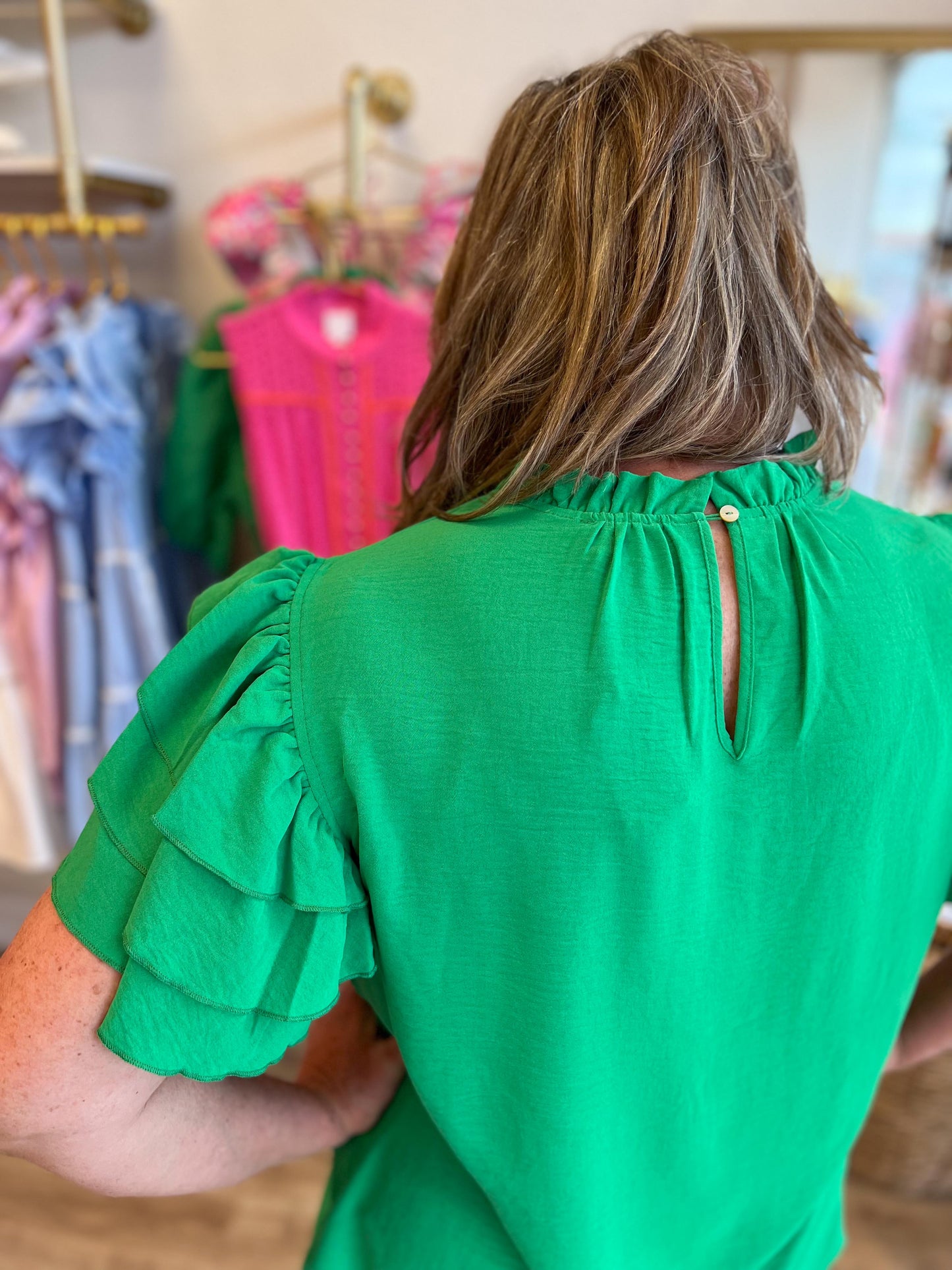 "Grand in Green" Curvy Solid Ruffle Sleeve Top