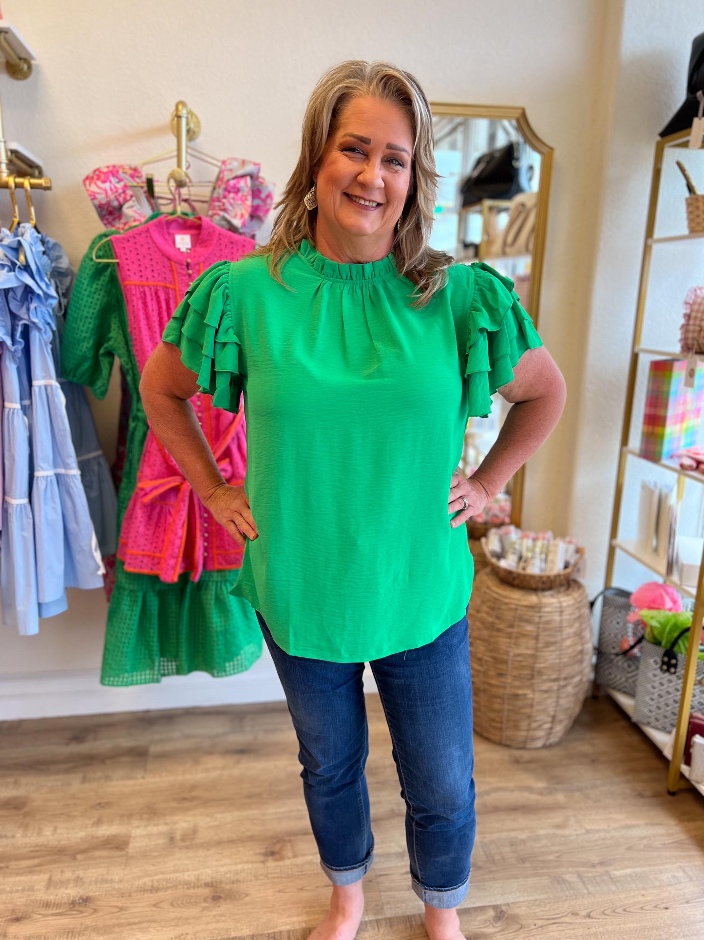 "Grand in Green" Curvy Solid Ruffle Sleeve Top