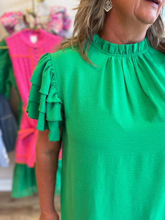 "Grand in Green" Curvy Solid Ruffle Sleeve Top