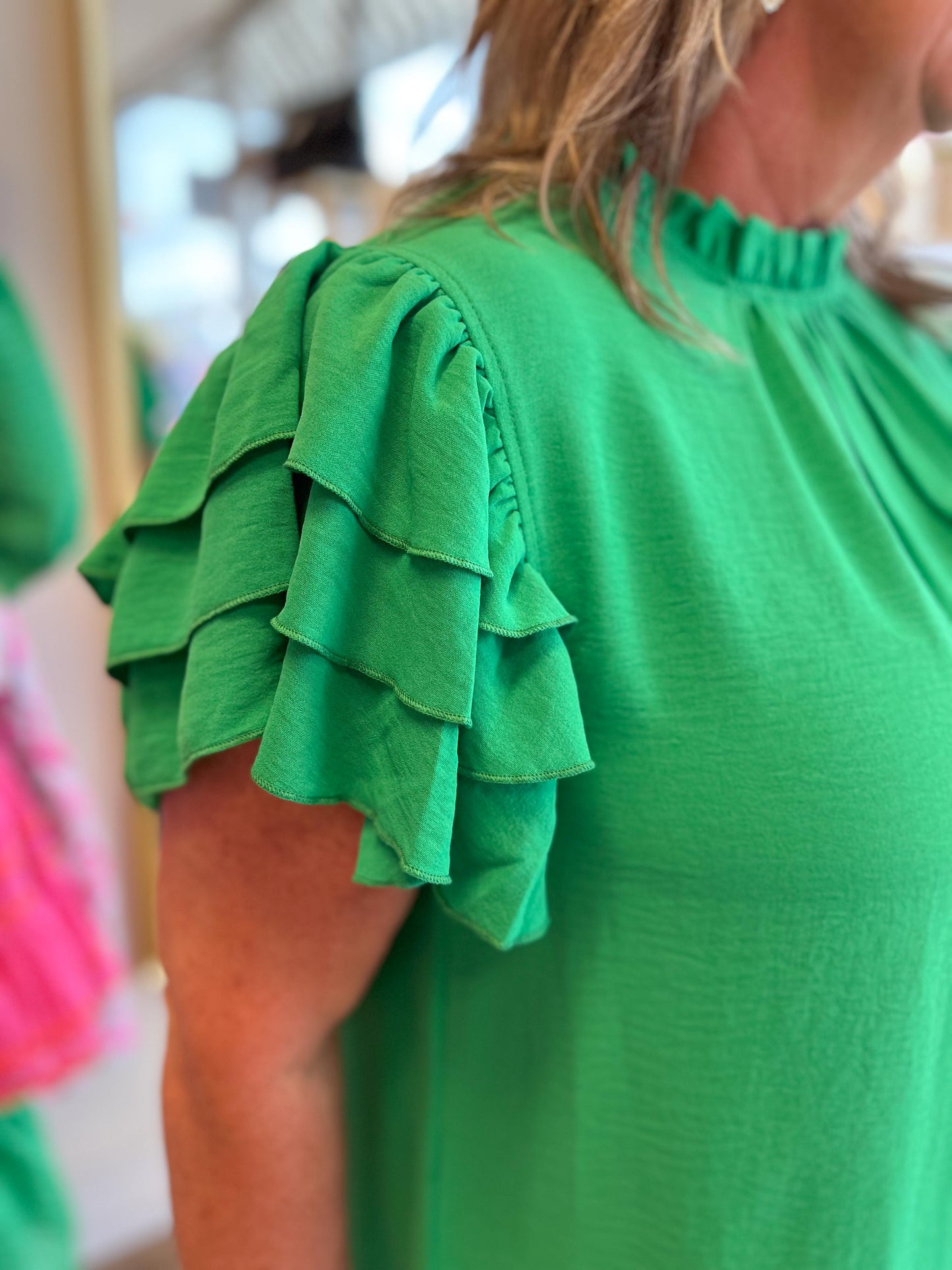 "Grand in Green" Curvy Solid Ruffle Sleeve Top