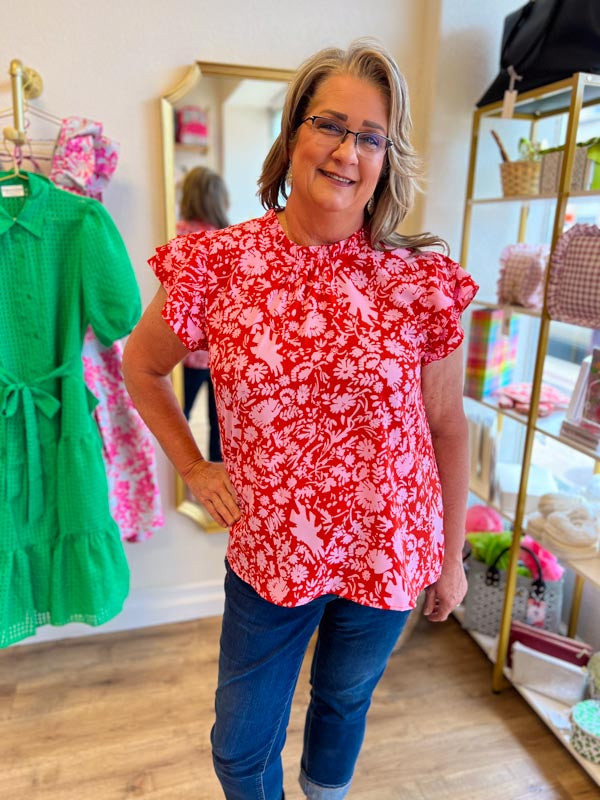 "Cantina Queen" Curvy Pink & Red Floral Top