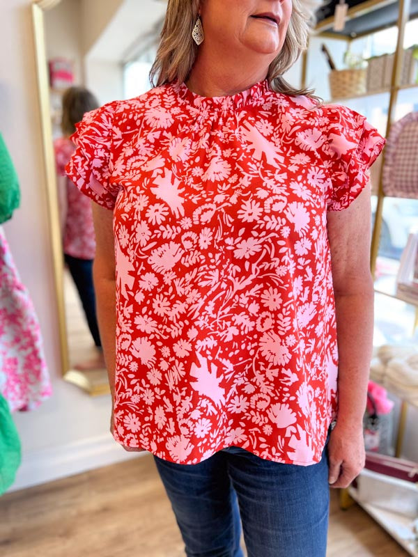 "Cantina Queen" Curvy Pink & Red Floral Top