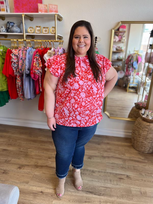 "Cantina Queen" Curvy Pink & Red Floral Top