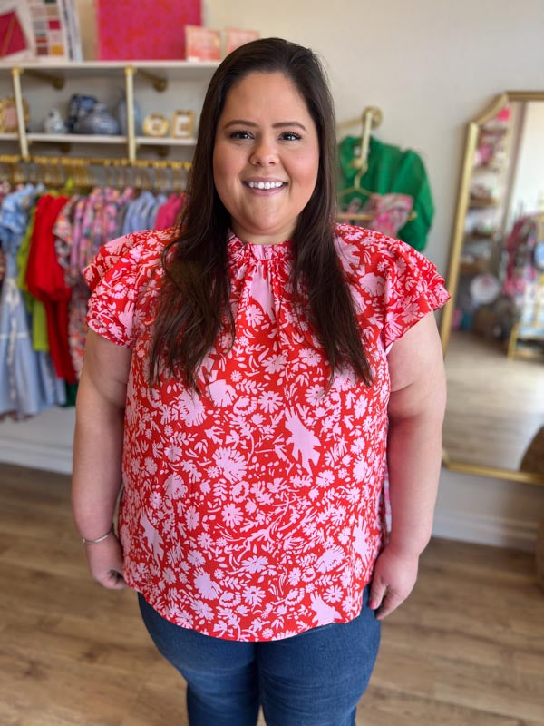 "Cantina Queen" Curvy Pink & Red Floral Top