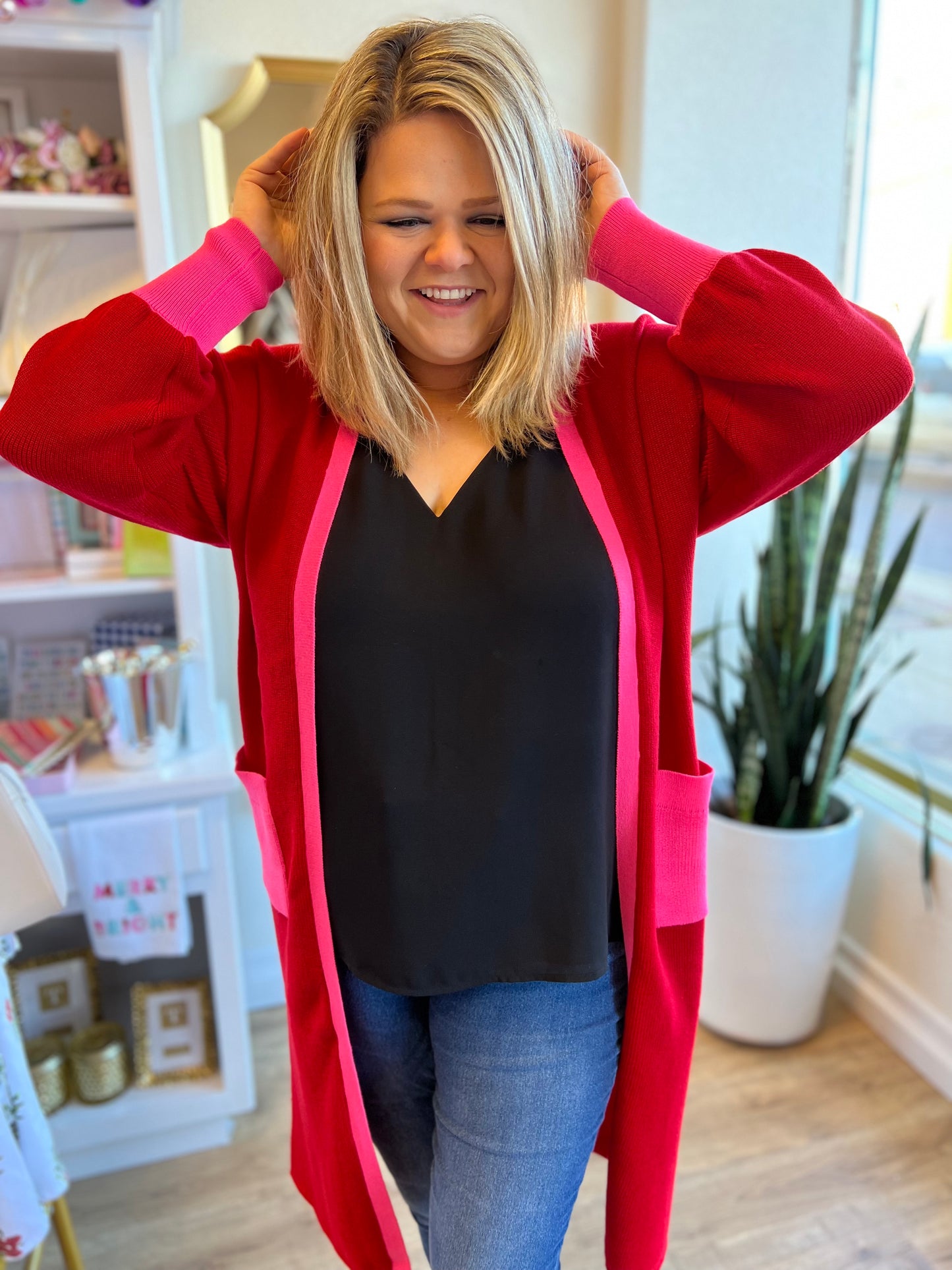 "Strike a Pose" Pink & Red Color Block Cardigan