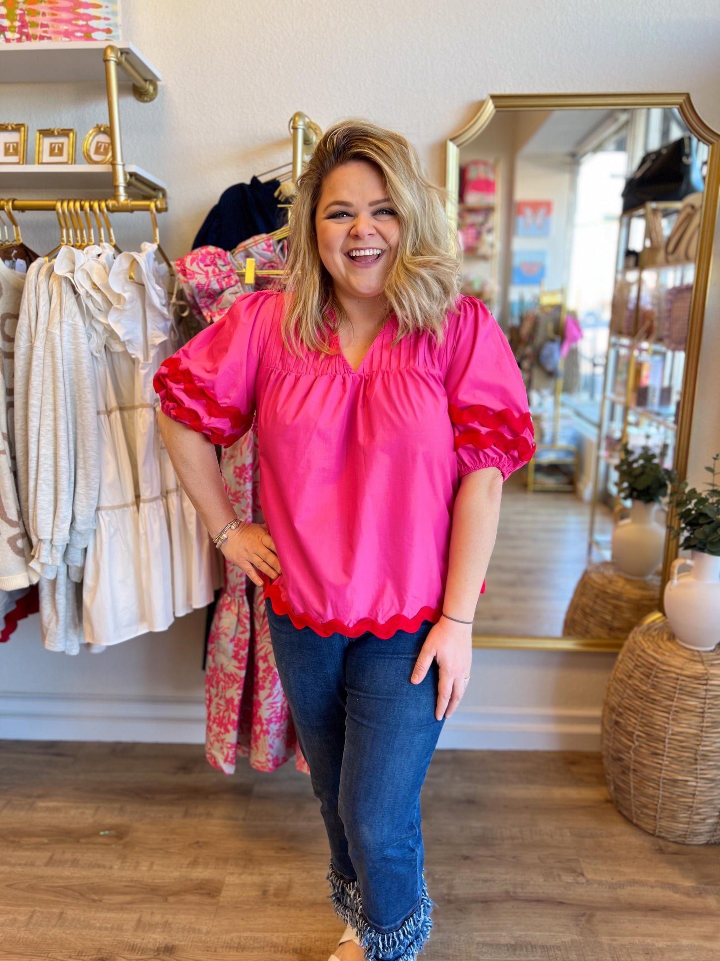 "Sweet Springtime" Pink & Red Ric Rac Tunic Top