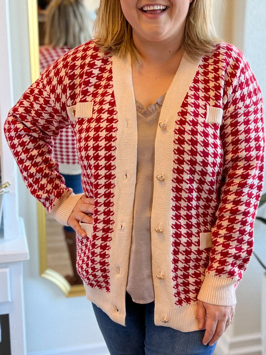 "Welcome to New York" Red & Cream Houndstooth Sweater