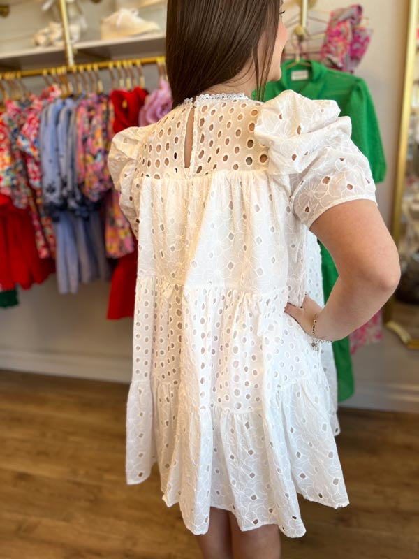 "A Vision in White" Floral Eyelet Puff Sleeve Mini Dress