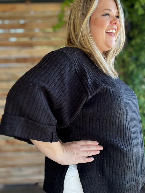 "Always on the Go" Plus Size Black 3/4 Sleeve Sweater