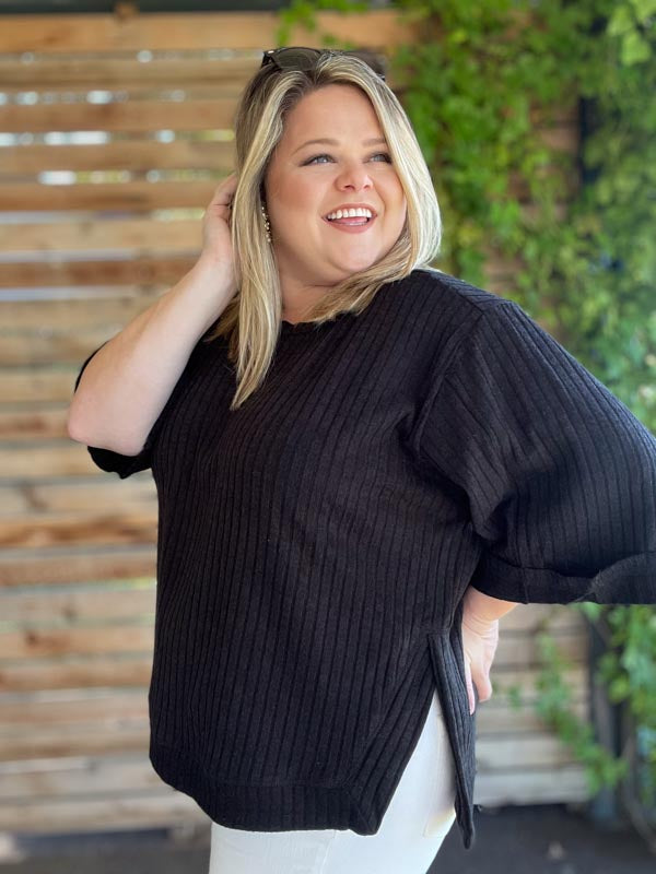 "Always on the Go" Plus Size Black 3/4 Sleeve Sweater