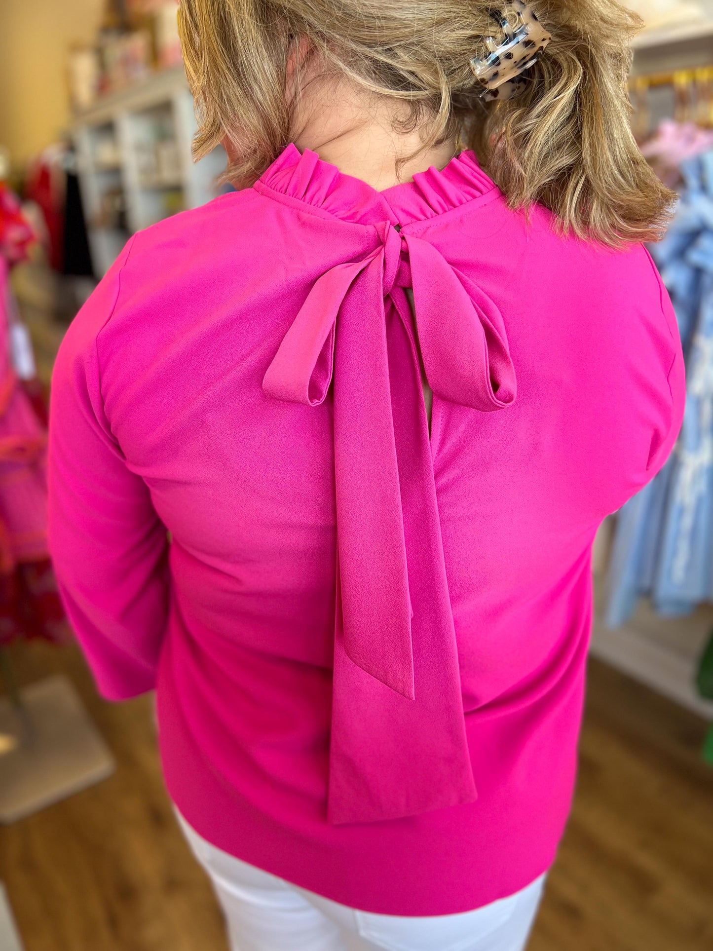 "Bow La La" Pink Ruffled Tie Neck Blouse