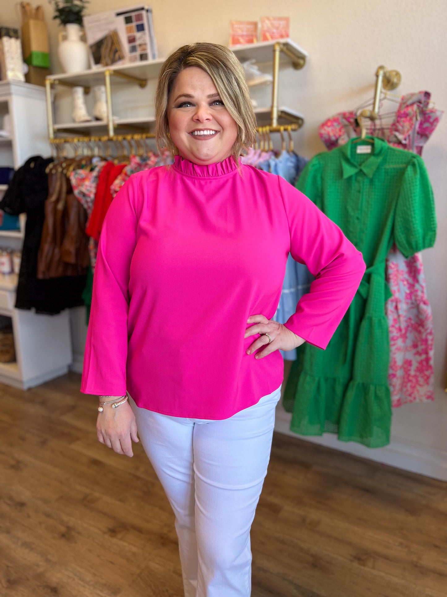 "Bow La La" Pink Ruffled Tie Neck Blouse