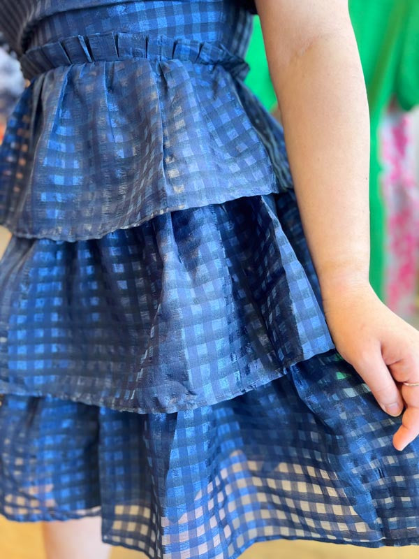 "Bubbly in Blue" Navy Organza Puff Sleeve Tiered Dress