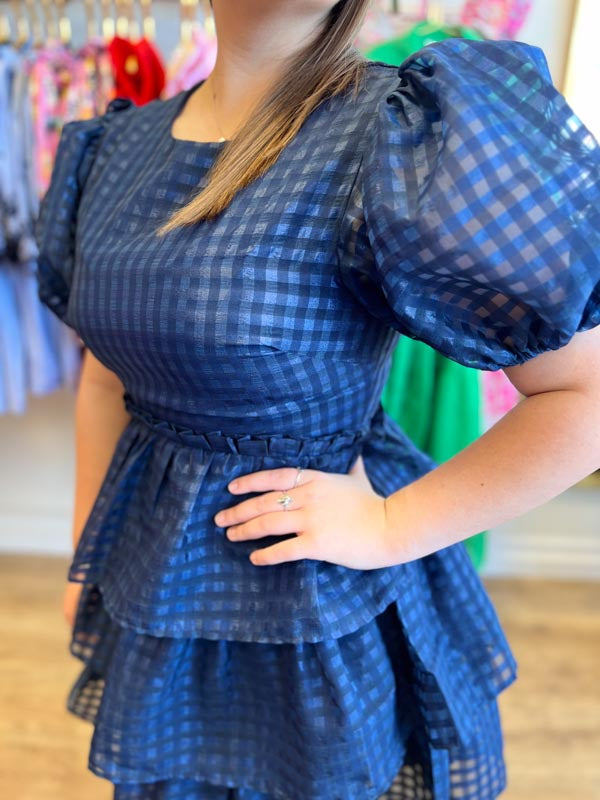 "Bubbly in Blue" Navy Organza Puff Sleeve Tiered Dress