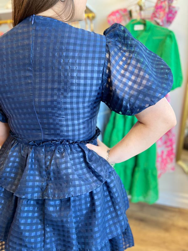 "Bubbly in Blue" Navy Organza Puff Sleeve Tiered Dress