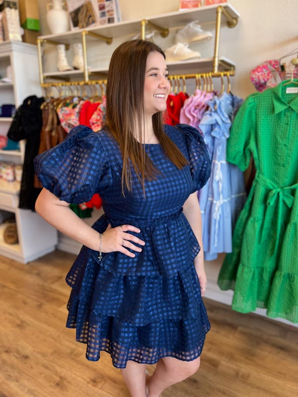 "Bubbly in Blue" Navy Organza Puff Sleeve Tiered Dress