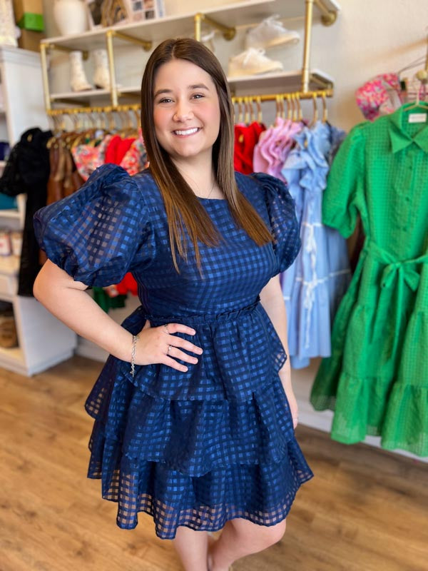 "Bubbly in Blue" Navy Organza Puff Sleeve Tiered Dress