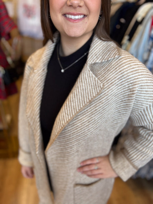 "Business Cozy" Ivory & Tan Plush Striped Cardigan Coat