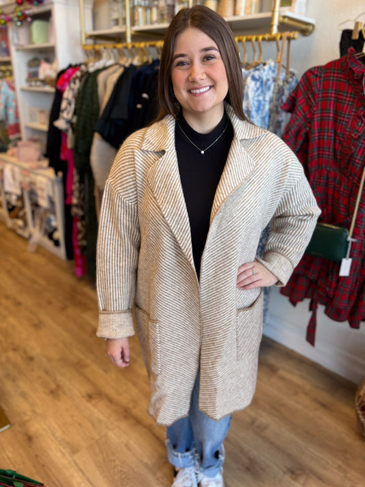 "Business Cozy" Ivory & Tan Plush Striped Cardigan Coat