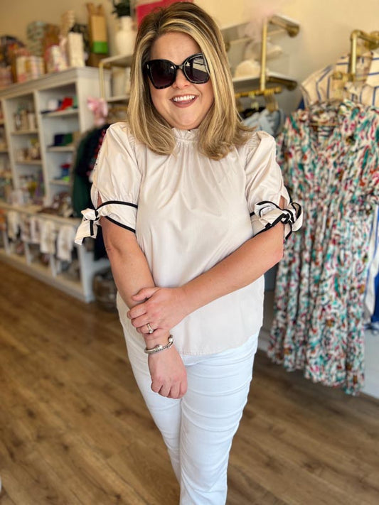 "City Chic" Ivory and Black Tie Sleeve Blouse