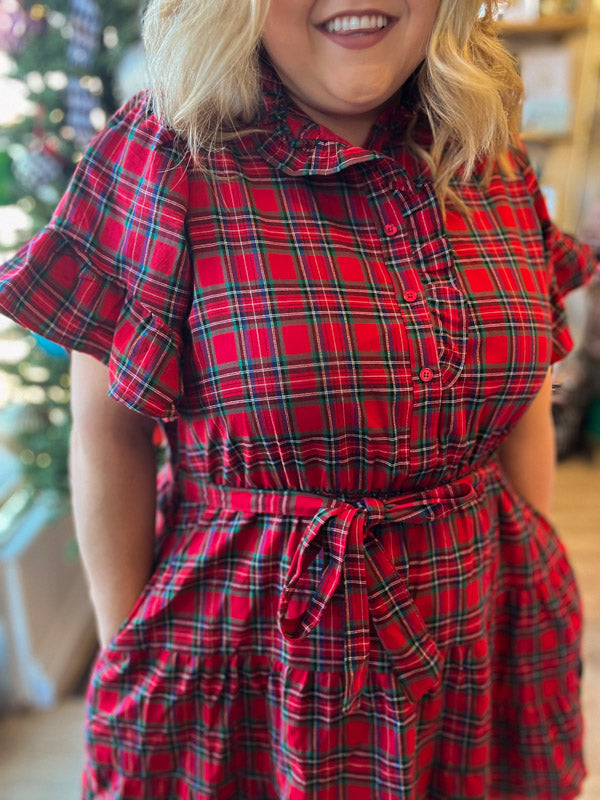 "City Sidewalks" Tartan Ruffle Mini Dress